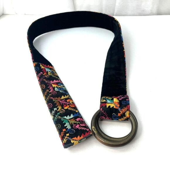 Embroidered Velvet Brass Belt Hippy Boho Groovy Belt Size SMALL 70s 80s Groovy - Picture 3 of 7